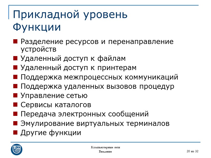 Компьютерные сети Введение 20 из 32 Прикладной уровень Функции Разделение ресурсов и перенаправление устройств
